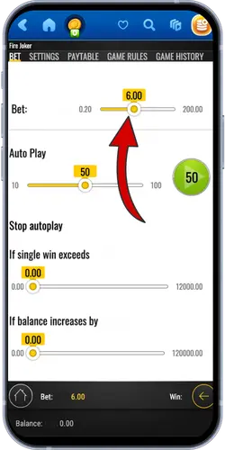 Fire Joker slot bet settings screen with 6.00 stake selected