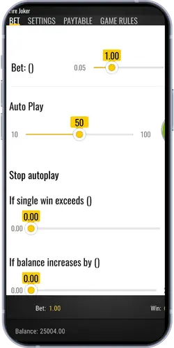 Fire Joker slot bet settings with 1.00 stake and autoplay options