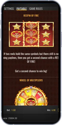 Fire Joker paytable showing Respin of Fire and Wheel of Multipliers rules