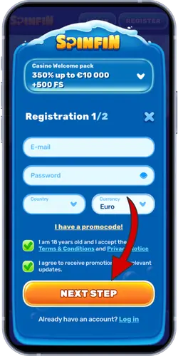 Spinfin casino registration form step 1 with email and password fields