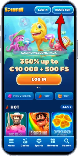 Spinfin casino homepage with Register button highlighted