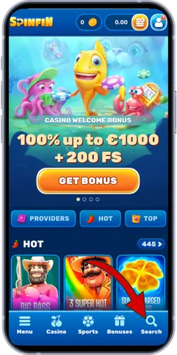 Spinfin casino logged-in account with 100% welcome bonus offer