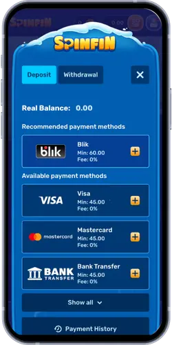 Spinfin casino deposit screen showing Blik, Visa and Mastercard payment methods