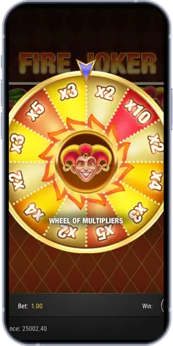 Fire Joker Wheel of Multipliers spinning with x10 and x5 multiplier segments