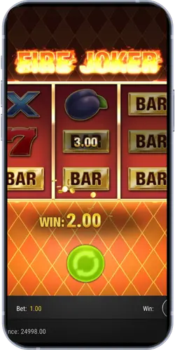 Fire Joker slot showing BAR symbols win of 2.00 on mobile