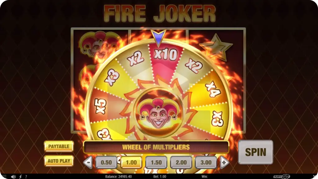 Fire Joker Wheel of Multipliers bonus feature showing x10 multiplier