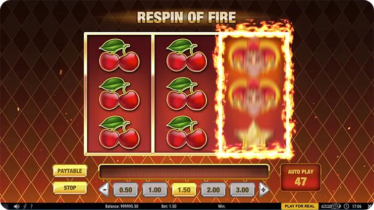 Fire Joker Respin of Fire feature with cherry symbols on reels 1 and 2